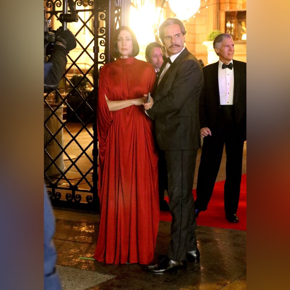 VALENTINO RUNWAY DRAPED PLEATED CRIMSON RED GOWN DRESS IT 40